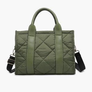 Jen & Co Clare puffer purse with removable crossbody strap. Stylish moss green!